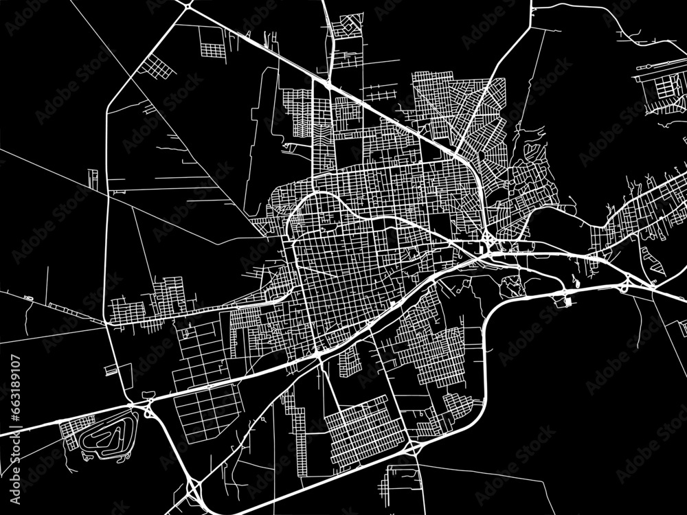 Vector road map of the city of  San Luis in Argentina with white roads on a black background.