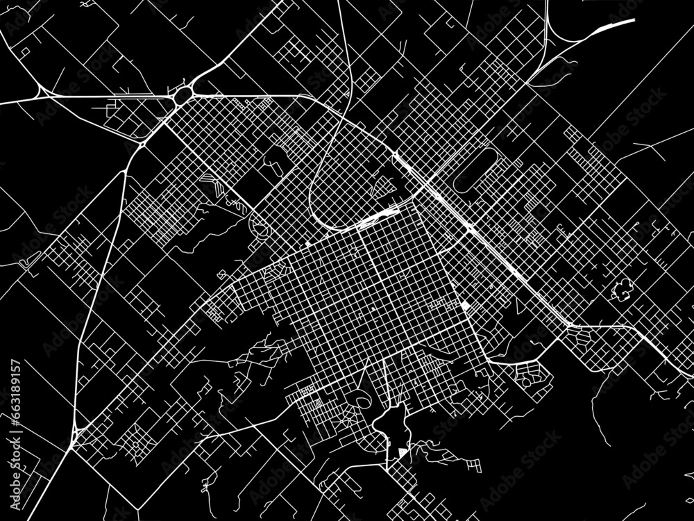 Vector road map of the city of  Tandil in Argentina with white roads on a black background.