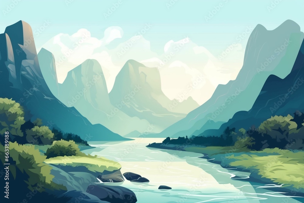 Illustration of a scenic river landscape surrounded by mountains. Generative AI