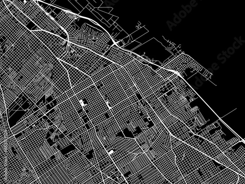 Vector road map of the city of  Quilmes in Argentina with white roads on a black background.