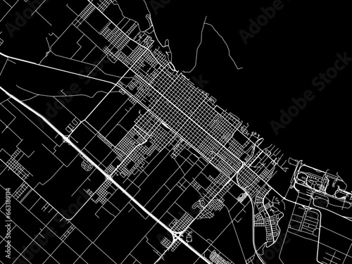 Vector road map of the city of  San Nicolas de los Arroyos in Argentina with white roads on a black background.