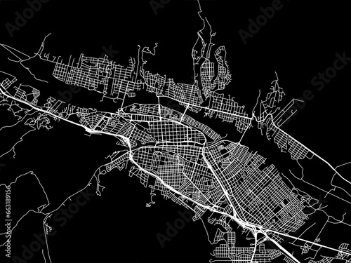 Vector road map of the city of  San Salvador de Jujuy in Argentina with white roads on a black background.