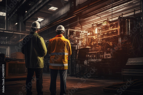 Engineer manual workers standing in a aluminum mill and working together, used professional equipment, Manual workers cooperating while measuring a electronic