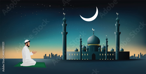 Muslim man praying outside of mosque in the night vector poster