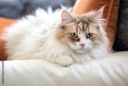 a fluffy cat purring on a soft pillow © altitudevisual