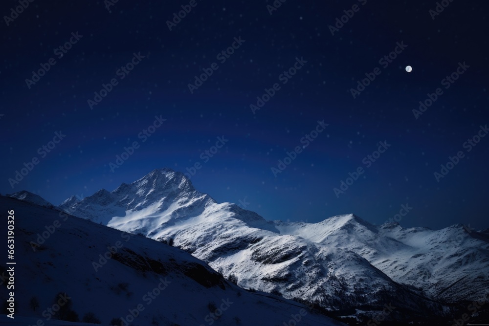 a snowy mountain peak under a moon-lit night sky