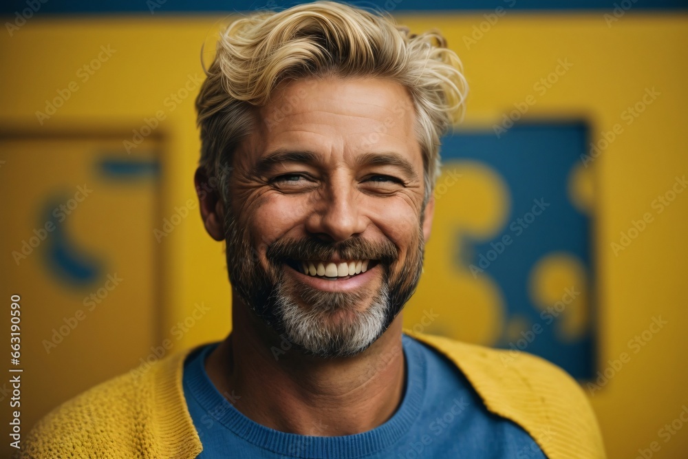 handsome bearded mid age man, blonde short hair, smiling and laughing, wearing yellow sweater. Bright monochrome solid yellow/blue background. Generative Ai.
