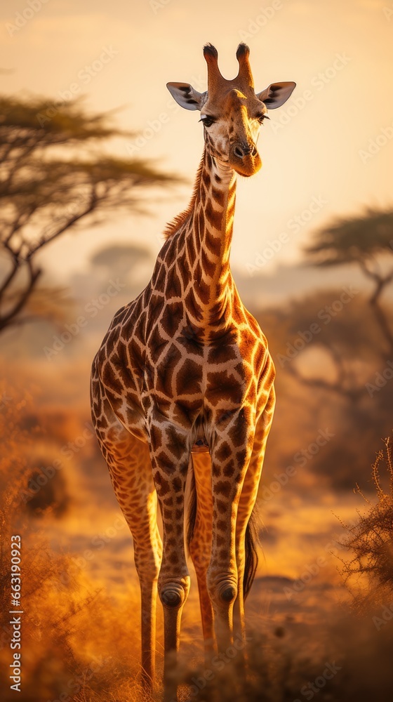 A majestic giraffe standing tall against the backdrop of the African savannah, AI Generative