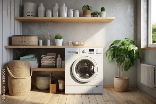 Interior of laundry room with modern washing machine at home photo