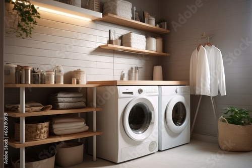 Interior of laundry room with modern washing machine at home