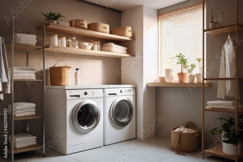 Interior of laundry room with modern washing machine at home