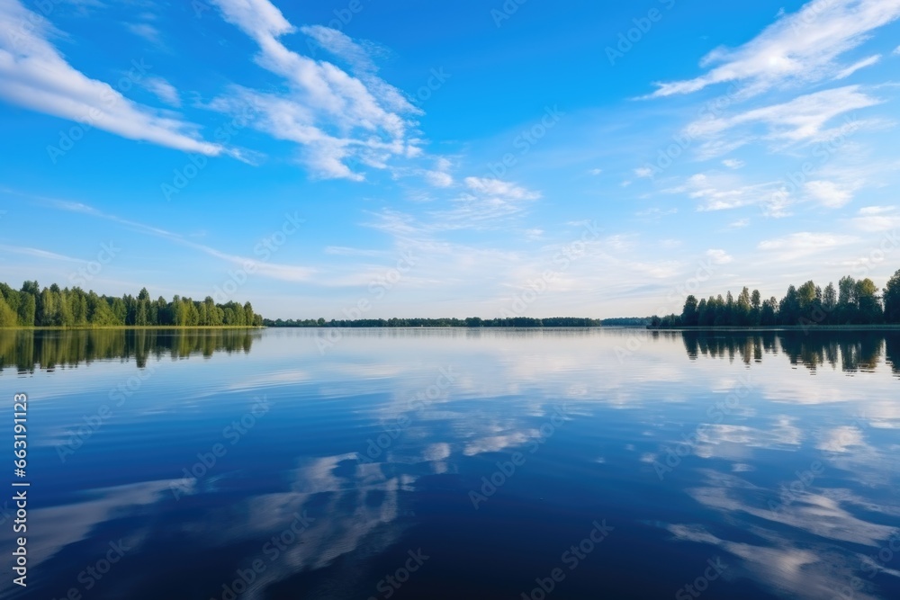 wide view of a calm lake reflecting sky