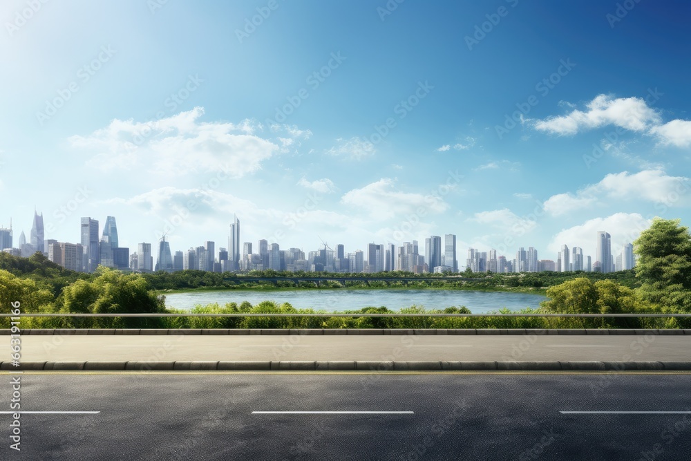 View of road highway with lake garden and modern city skyline in background.