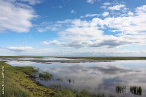 panoramic shot of a tranquil  flat marshland under a cloudy sky