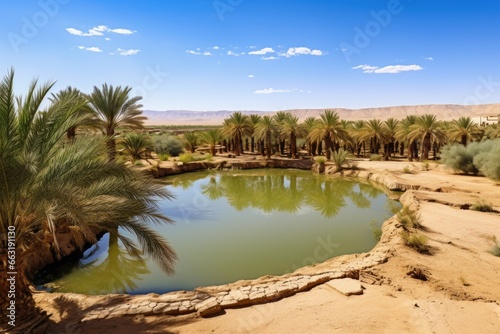 panorama of an oasis amidst a desert landscape