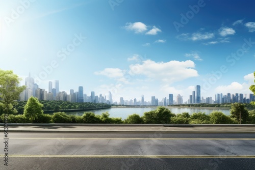 View of road highway with lake garden and modern city skyline in background. © Oulaphone