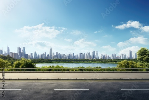 View of road highway with lake garden and modern city skyline in background.