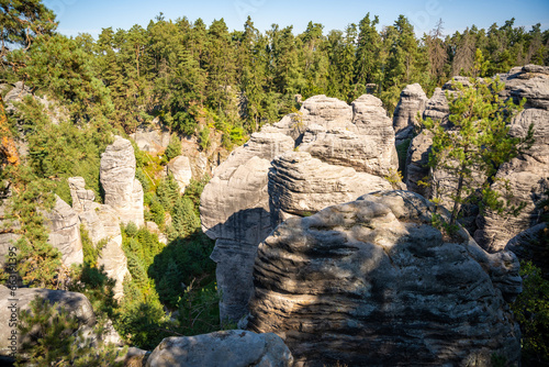 Prachovske skaly in sun lights, Cesky raj sandstone cliffs in Bohemian Paradise, Czech Republic photo