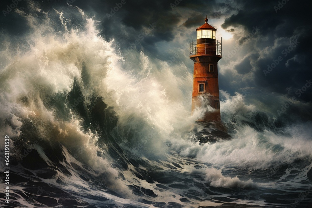 Fierce storm, towering waves, ocean lighthouse. Generative AI