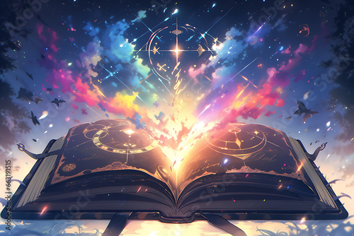 magic knowledge book with star dust. Open book colorful