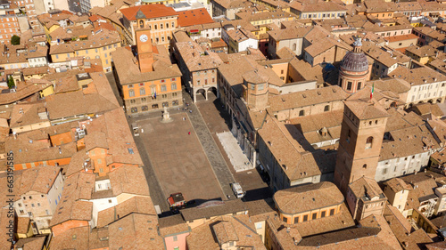 Aerial view on Piazza Prampolini in the historic center of Reggio Emilia, Italy. On the side of the square there is the Cathedral of Santa Maria Assunta.