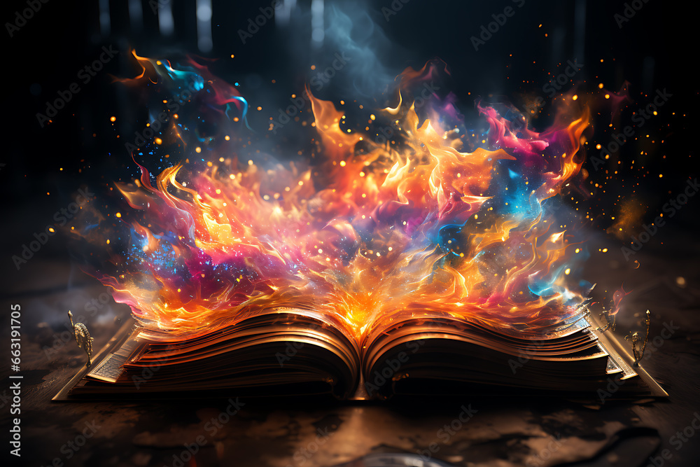 magic knowledge book with star dust. open book colorful - obrazy, fototapety, plakaty 