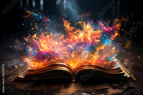 magic knowledge book with star dust. open book colorful photo