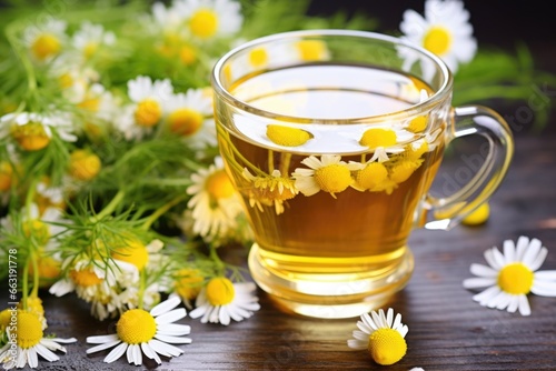 close-up of chamomile tea in a glass mug, chamomile flowers nearby