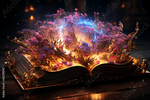 magic knowledge book with star dust. Open book colorful