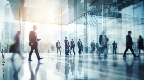 blurred business people walking in white glass office background