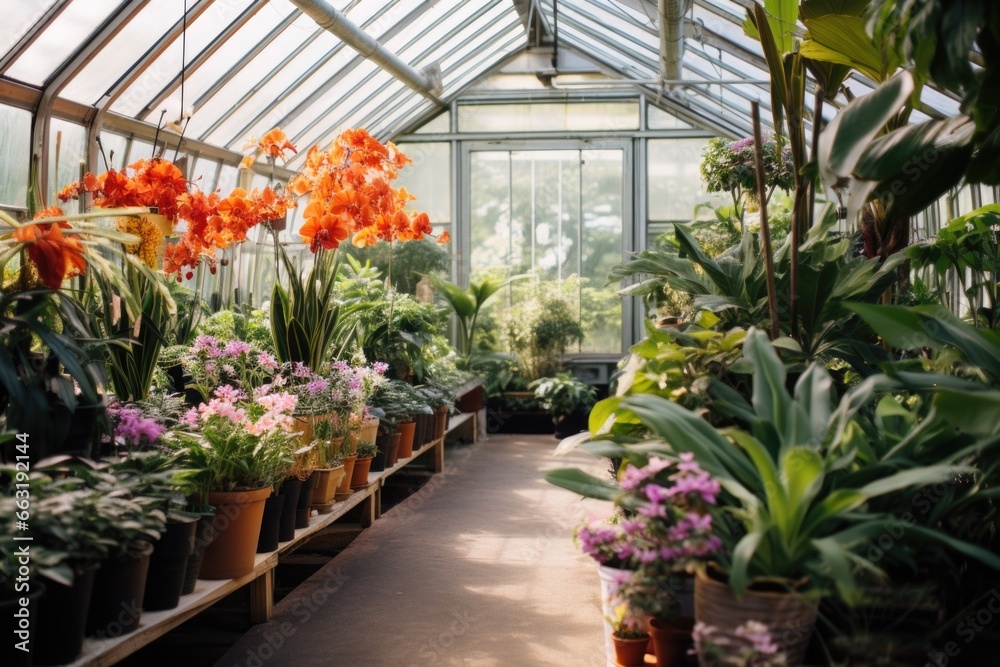 exotic plants blooming inside a greenhouse