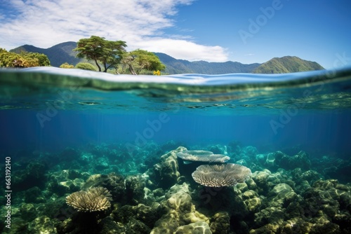 tropical coral reef seen from the water surface