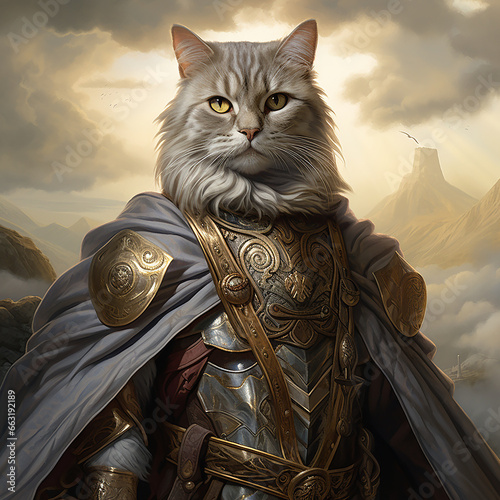 Portrait fantasy gray Scottish cat with armor © bunna