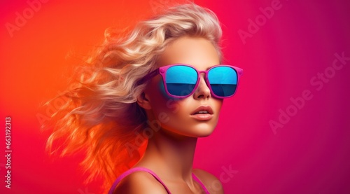 A vibrant fashionista flaunts her playful personality through pink sunglasses, adding a touch of sass to her eyewear collection while soaking up the sun's rays with a bold lip and stylish goggles as 