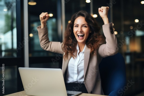 Winner business woman with online sale, email announcement of promotion or bonus success. Excited corporate person with fist pump for office celebration, salary increase or target.
