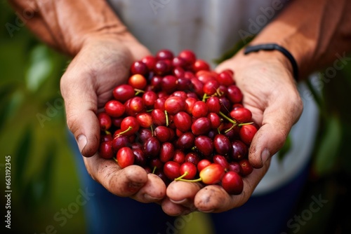 hands full of ripe cherries just picked in an orchard