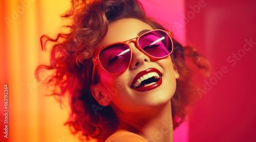 A bold and confident woman rocks magenta lipstick and cool sunglasses indoors, exuding style and charm with a toothy smile and sleek eyewear
