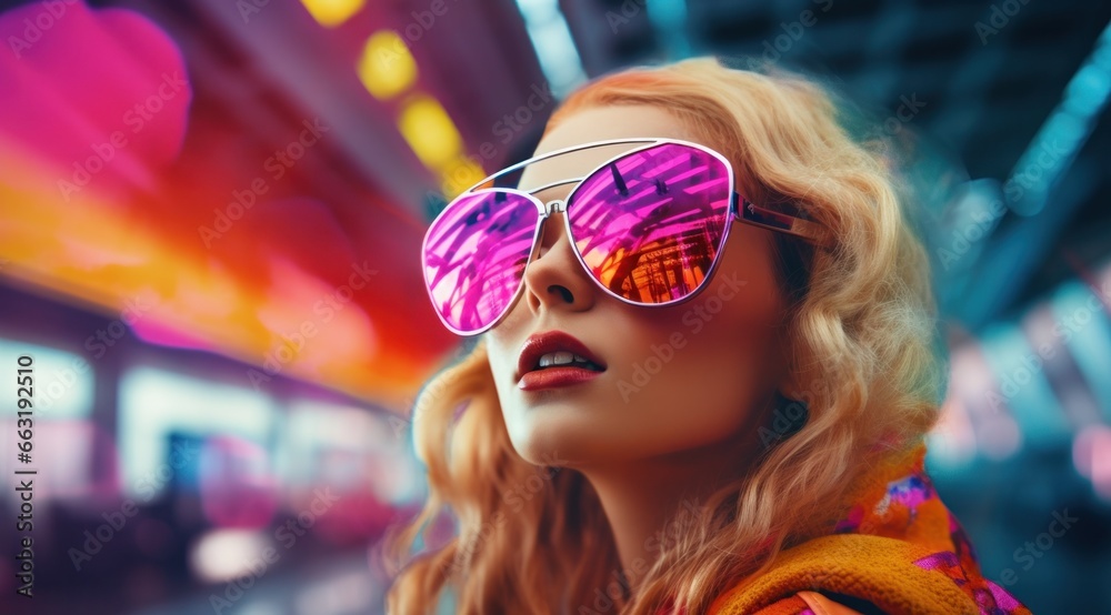 A vibrant woman struts down the bustling street, her magenta sunglasses perched atop her perfectly glossed lips, exuding confidence and a bold sense of fashion
