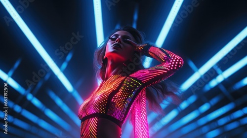 An artist in a mesmerizing magenta garment, engulfed in the pulsing lights of a concert performance, dances to the rhythm of the music, captivating the audience with her wild and fluid movements