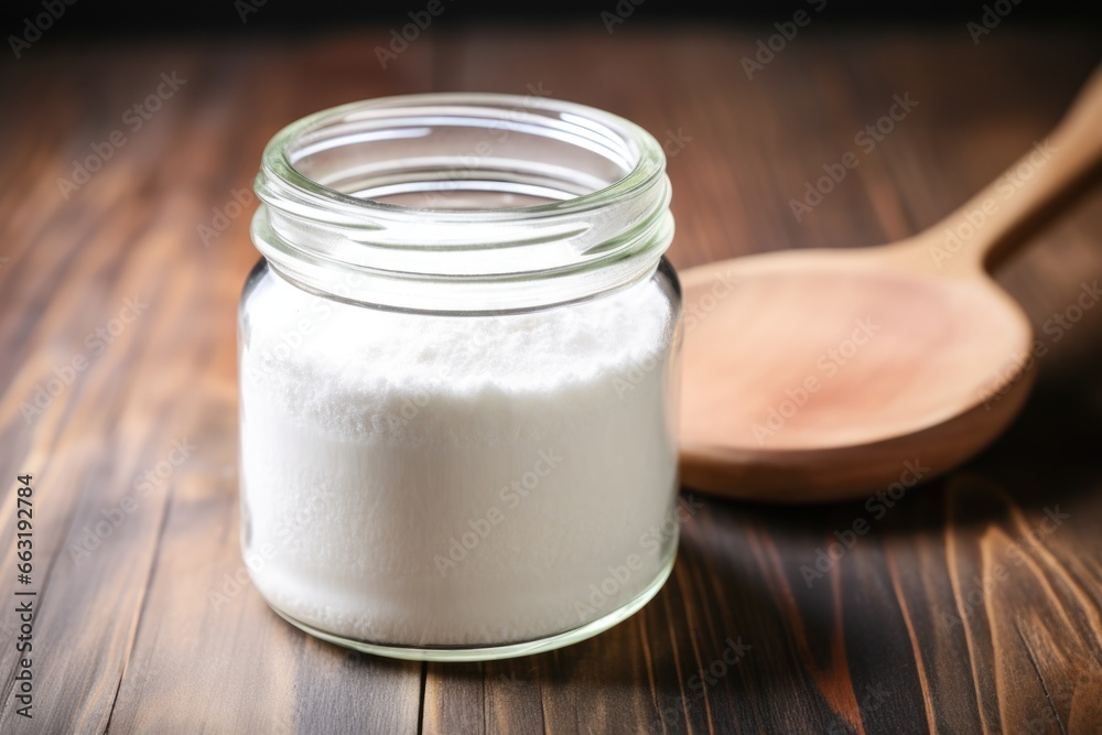 collagen powder in a glass jar on a wood table collagen powder in a glass jar on a wood table