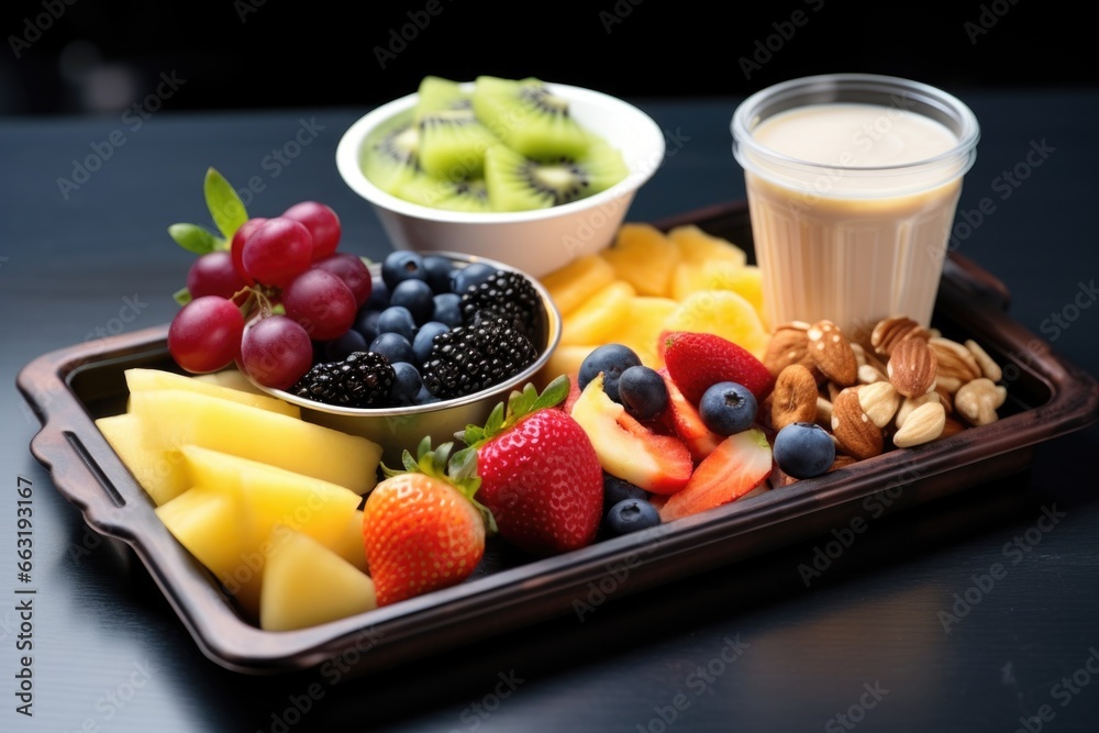 sealed tray of mixed fruits next to a dessert pot sealed tray of mixed fruits next to a dessert pot