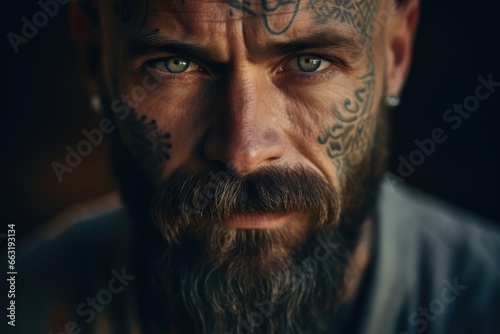 Man with intricate facial tattoos, portraying masculinity's varied and deep-seated roots - AI Generated
