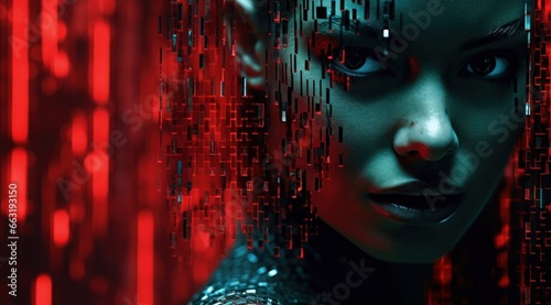 A striking screenshot of a woman with a vivid green face set against a chaotic background of fiery red and mysterious black, creating a wild and powerful work of art that evokes feelings of intrigue,