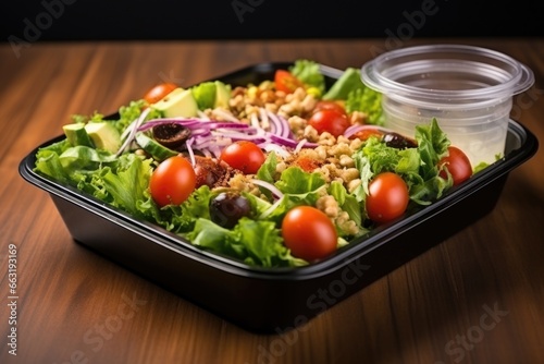 fresh salad served in a plastic container on a tray