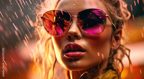 A fashionable woman with bold red lipstick and stylish eyewear gazes confidently at the camera, her goggles adding a touch of adventure to her portrait