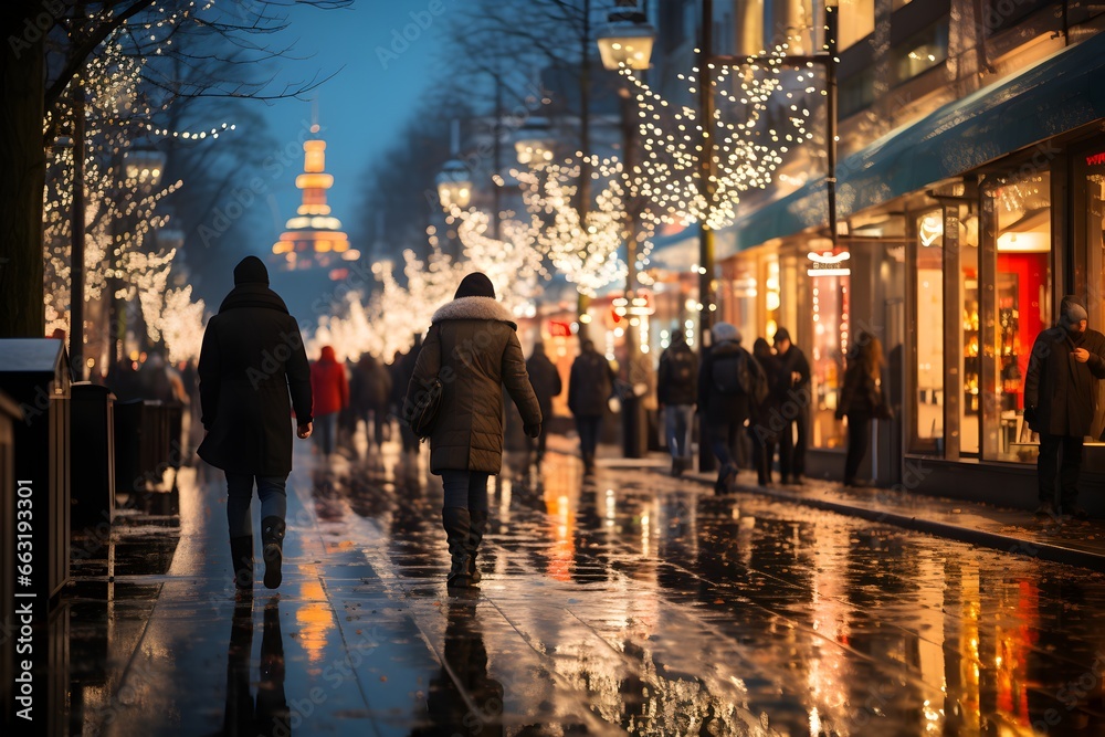A modern city street illuminated by Christmas lights and bustling with holiday shoppers