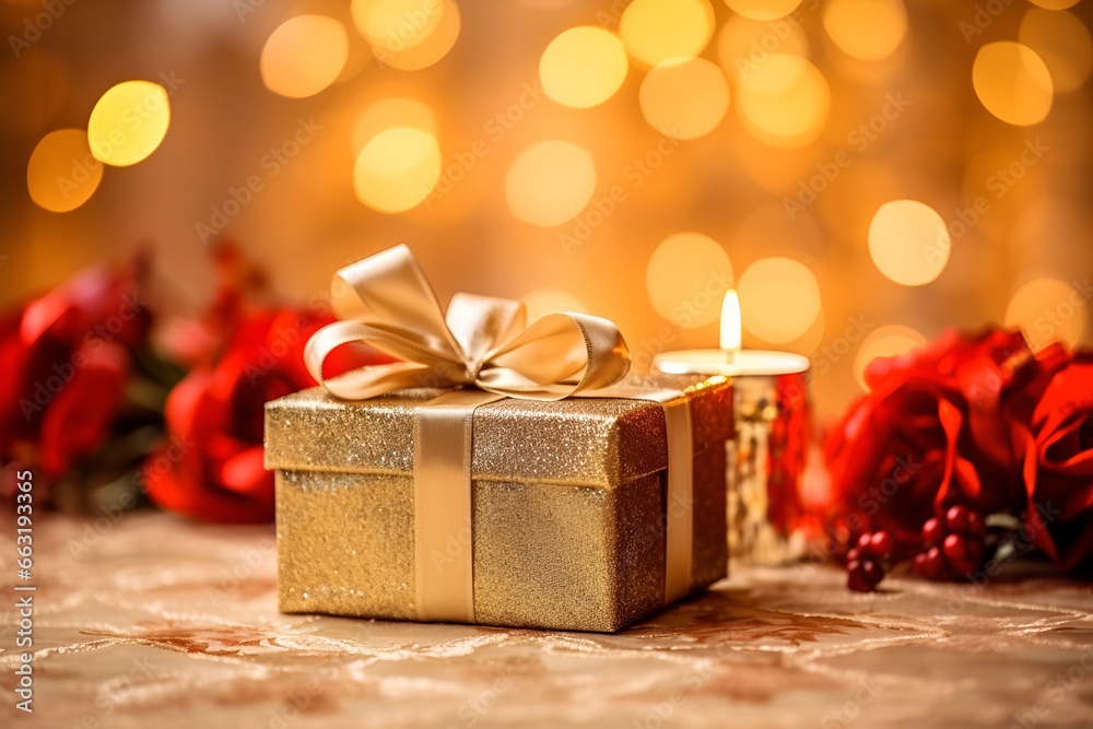 Golden gift box with a golden ribbon on a radiant light gold background with bokeh Golden gift box with a golden ribbon on a radiant light gold background with bokeh