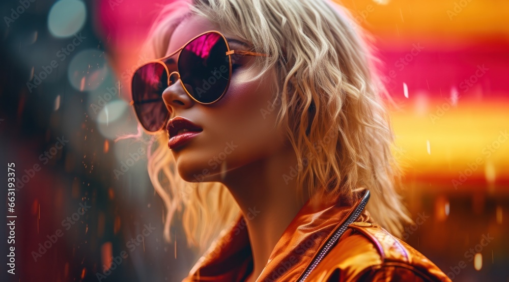 A stylish blond woman exudes confidence and mystery as she stands outdoors wearing spectacles, her hair blowing in the wind, with goggles on her jacket and sunglasses on her face
