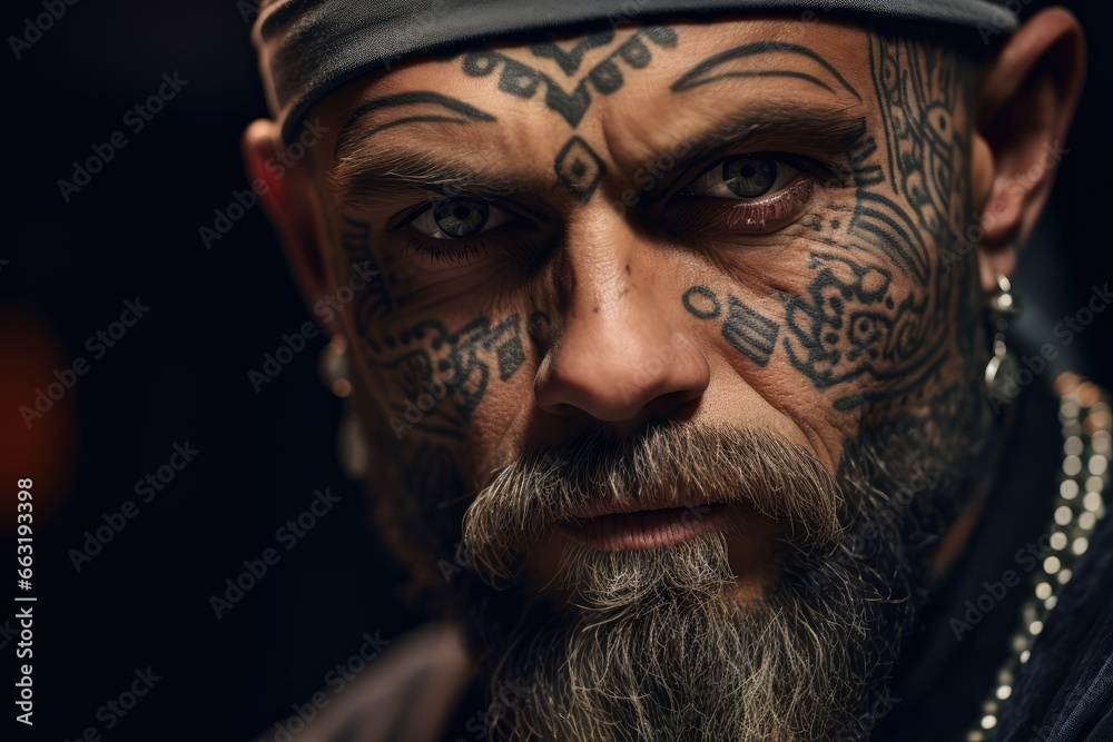 Man with intricate facial tattoos, portraying masculinity's varied and ...