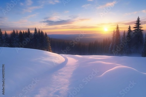 winter path with sunset/sunrise